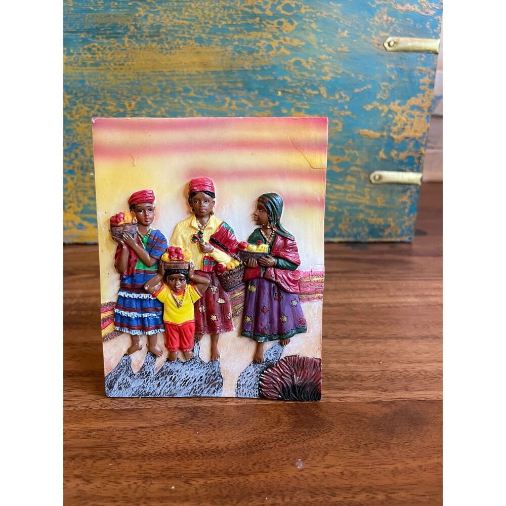 Vintage Folk Art Wall Plaque Colorful Market Family Relief Sculpture Decor
